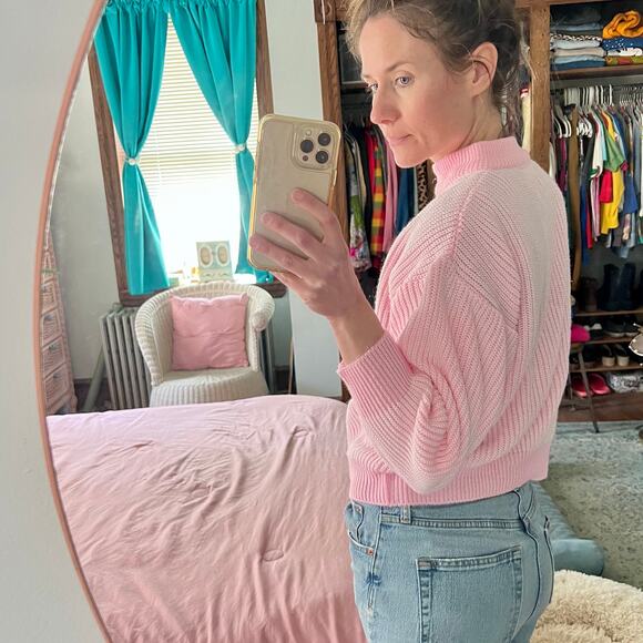 Vintage 80s 90s Pink + White Mock Neck Ribbed Knit Sweater / S - Picture 3 of 11